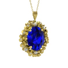Lab safir ve beyaz zirkon 18 ayar altın kolye (40 cm gümüş rolo zincir)