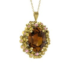 Dumanlı kuvars ve pembe kuvars 18 ayar altın kolye (40 cm altın rolo zincir)