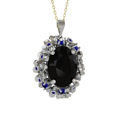 Belka Demet Kolye - Siyah zirkon ve lab safir 14 ayar beyaz altın kolye (40 cm altın rolo zincir) #1wauk40