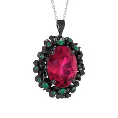 Belka Demet Kolye - Rodolit garnet ve kök zümrüt 925 ayar siyah rodyum kaplama gümüş kolye (40 cm beyaz altın rolo zincir) #1xh3bmf