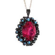 Rodolit garnet ve akuamarin 925 ayar siyah rodyum kaplama gümüş kolye (40 cm rose altın rolo zincir)