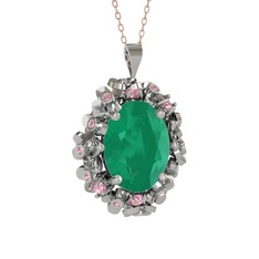 Kök zümrüt ve pembe kuvars 14 ayar beyaz altın kolye (40 cm rose altın rolo zincir)