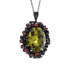 Belka Demet Kolye - Peridot ve garnet 925 ayar siyah rodyum kaplama gümüş kolye (40 cm gümüş rolo zincir) #1yyfy84