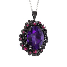 Belka Demet Kolye - Ametist ve rodolit garnet 925 ayar siyah rodyum kaplama gümüş kolye (40 cm gümüş rolo zincir) #2ipgx8