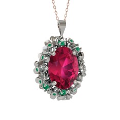 Belka Demet Kolye - Rodolit garnet ve kök zümrüt 14 ayar beyaz altın kolye (40 cm rose altın rolo zincir) #2pe73g