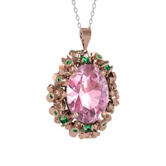 Pembe kuvars ve yeşil kuvars 14 ayar rose altın kolye (40 cm beyaz altın rolo zincir)