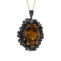 Belka Demet Kolye - Dumanlı kuvars ve peridot 925 ayar siyah rodyum kaplama gümüş kolye (40 cm altın rolo zincir) #2xyjmm