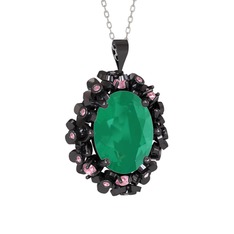 Belka Demet Kolye - Kök zümrüt ve pembe kuvars 925 ayar siyah rodyum kaplama gümüş kolye (40 cm beyaz altın rolo zincir) #3yrjg6