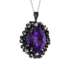 Belka Demet Kolye - Ametist ve pırlanta 925 ayar siyah rodyum kaplama gümüş kolye (0.18 karat, 40 cm gümüş rolo zincir) #40ng07
