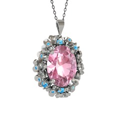 Pembe kuvars ve akuamarin 14 ayar beyaz altın kolye (40 cm gümüş rolo zincir)