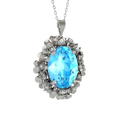 Akuamarin ve swarovski 18 ayar beyaz altın kolye (40 cm beyaz altın rolo zincir)