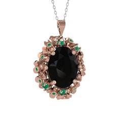 Belka Demet Kolye - Siyah zirkon ve kök zümrüt 14 ayar rose altın kolye (40 cm beyaz altın rolo zincir) #6d78jz