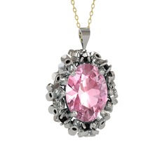 Belka Demet Kolye - Pembe kuvars ve siyah zirkon 14 ayar beyaz altın kolye (40 cm altın rolo zincir) #6tr0ah