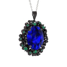 Belka Demet Kolye - Lab safir ve kök zümrüt 925 ayar siyah rodyum kaplama gümüş kolye (40 cm beyaz altın rolo zincir) #6ziek5