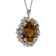 Belka Demet Kolye - Dumanlı kuvars ve sitrin 18 ayar beyaz altın kolye (40 cm gümüş rolo zincir) #785tuu