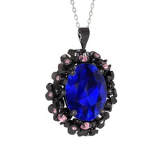 Belka Demet Kolye - Lab safir ve pembe kuvars 925 ayar siyah rodyum kaplama gümüş kolye (40 cm beyaz altın rolo zincir) #7afuof