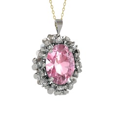 Belka Demet Kolye - Pembe kuvars ve beyaz zirkon 14 ayar beyaz altın kolye (40 cm altın rolo zincir) #7aniwe
