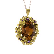 Belka Demet Kolye - Dumanlı kuvars ve ametist 8 ayar altın kolye (40 cm rose altın rolo zincir) #7z1v5u