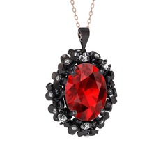 Belka Demet Kolye - Garnet ve pırlanta 925 ayar siyah rodyum kaplama gümüş kolye (0.18 karat, 40 cm rose altın rolo zincir) #8a7zx9