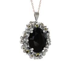 Belka Demet Kolye - Siyah zirkon ve peridot 14 ayar beyaz altın kolye (40 cm rose altın rolo zincir) #8l0cmg