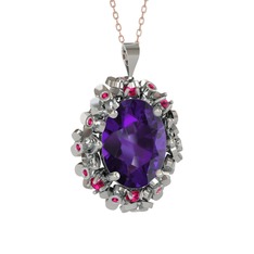 Belka Demet Kolye - Ametist ve rodolit garnet 18 ayar beyaz altın kolye (40 cm rose altın rolo zincir) #8sqmig
