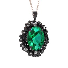 Belka Demet Kolye - Yeşil kuvars ve swarovski 925 ayar siyah rodyum kaplama gümüş kolye (40 cm rose altın rolo zincir) #9ckn4a