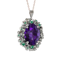 Belka Demet Kolye - Ametist ve kök zümrüt 14 ayar beyaz altın kolye (40 cm rose altın rolo zincir) #a8cebb