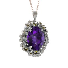 Ametist ve peridot 14 ayar beyaz altın kolye (40 cm rose altın rolo zincir)