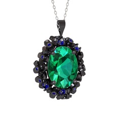 Belka Demet Kolye - Yeşil kuvars ve lab safir 925 ayar siyah rodyum kaplama gümüş kolye (40 cm beyaz altın rolo zincir) #bm14is