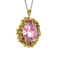 Belka Demet Kolye - Pembe kuvars ve garnet 8 ayar altın kolye (40 cm gümüş rolo zincir) #bn639o