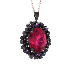 Belka Demet Kolye - Rodolit garnet ve ametist 925 ayar siyah rodyum kaplama gümüş kolye (40 cm gümüş rolo zincir) #d7qsoe