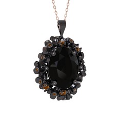 Belka Demet Kolye - Siyah zirkon ve dumanlı kuvars 925 ayar siyah rodyum kaplama gümüş kolye (40 cm rose altın rolo zincir) #dapb71