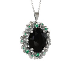 Belka Demet Kolye - Siyah zirkon ve kök zümrüt 18 ayar beyaz altın kolye (40 cm beyaz altın rolo zincir) #di5z94