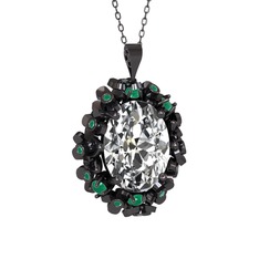 Swarovski ve kök zümrüt 925 ayar siyah rodyum kaplama gümüş kolye (40 cm gümüş rolo zincir)