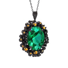 Belka Demet Kolye - Yeşil kuvars ve sitrin 925 ayar siyah rodyum kaplama gümüş kolye (40 cm gümüş rolo zincir) #eb9d30