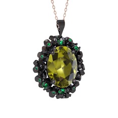 Belka Demet Kolye - Peridot ve yeşil kuvars 925 ayar siyah rodyum kaplama gümüş kolye (40 cm rose altın rolo zincir) #et4ggk