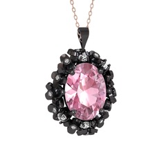 Pembe kuvars ve swarovski 925 ayar siyah rodyum kaplama gümüş kolye (40 cm rose altın rolo zincir)