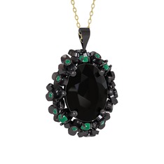 Belka Demet Kolye - Siyah zirkon ve kök zümrüt 925 ayar siyah rodyum kaplama gümüş kolye (40 cm altın rolo zincir) #i7j8pc