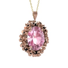 Pembe kuvars ve siyah zirkon 8 ayar rose altın kolye (40 cm gümüş rolo zincir)
