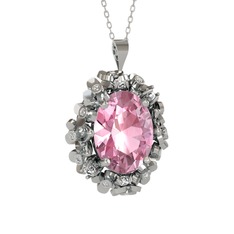 Pembe kuvars ve pırlanta 8 ayar beyaz altın kolye (0.18 karat, 40 cm beyaz altın rolo zincir)
