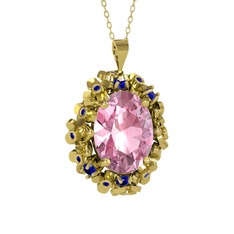 Belka Demet Kolye - Pembe kuvars ve lab safir 8 ayar altın kolye (40 cm gümüş rolo zincir) #jx9l63