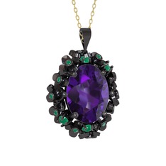 Belka Demet Kolye - Ametist ve kök zümrüt 925 ayar siyah rodyum kaplama gümüş kolye (40 cm altın rolo zincir) #jyzqql