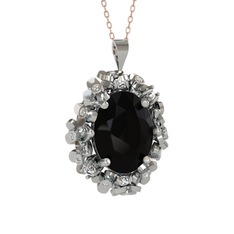 Belka Demet Kolye - Siyah zirkon ve pırlanta 14 ayar beyaz altın kolye (0.18 karat, 40 cm rose altın rolo zincir) #k652v0