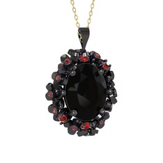 Siyah zirkon ve garnet 925 ayar siyah rodyum kaplama gümüş kolye (40 cm altın rolo zincir)