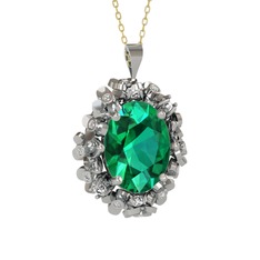 Belka Demet Kolye - Yeşil kuvars ve pırlanta 18 ayar beyaz altın kolye (0.18 karat, 40 cm gümüş rolo zincir) #lkjwdt