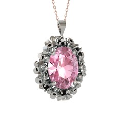 Pembe kuvars ve siyah zirkon 18 ayar beyaz altın kolye (40 cm rose altın rolo zincir)