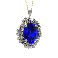 Lab safir ve ametist 925 ayar gümüş kolye (40 cm altın rolo zincir)