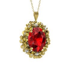 Garnet ve pırlanta 18 ayar altın kolye (0.18 karat, 40 cm altın rolo zincir)
