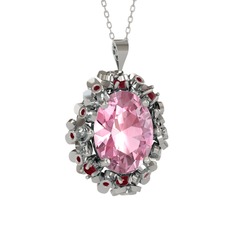 Belka Demet Kolye - Pembe kuvars ve kök yakut 8 ayar beyaz altın kolye (40 cm gümüş rolo zincir) #ms80o2