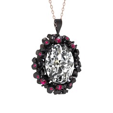 Belka Demet Kolye - Beyaz zirkon ve rodolit garnet 925 ayar siyah rodyum kaplama gümüş kolye (40 cm rose altın rolo zincir) #o6x833